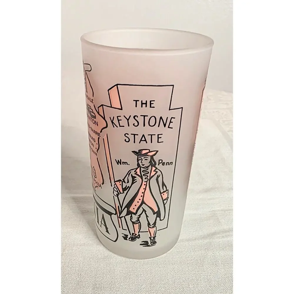 Vintage Souvenir Pennsylvania Frosted Glass 8 oz. Tumbler Pink White 5